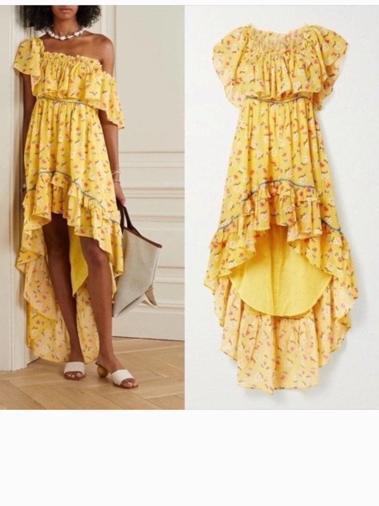 New Loveshackfancy Alexia Ruffle Tiered High Low Yellow Floral Dress Sz 10